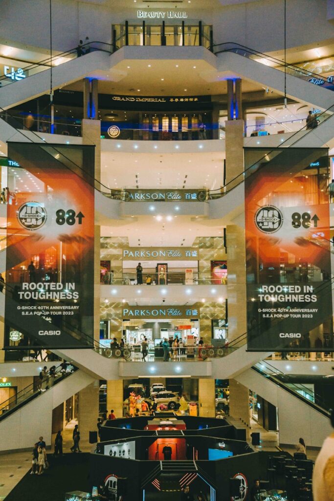 A large building with a lot of people inside of it