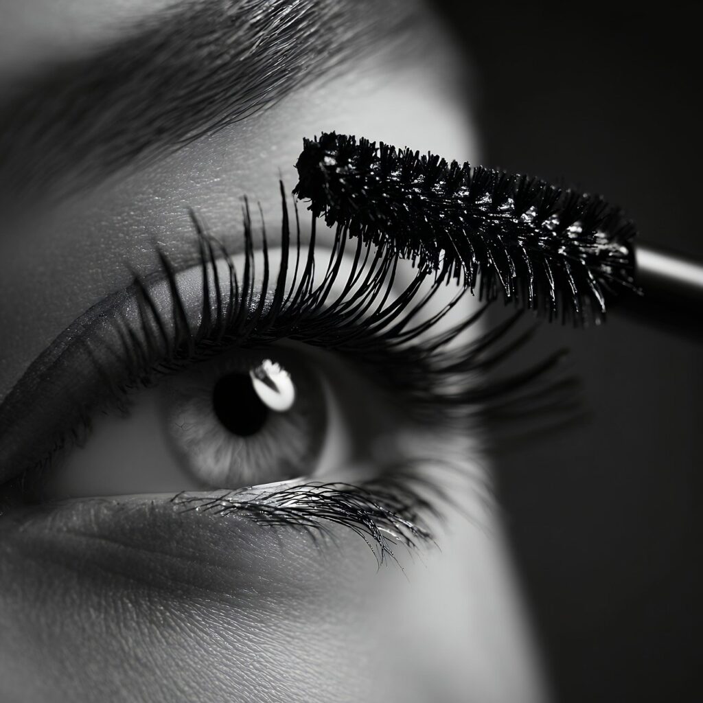 ai generated, mascara, brush, makeup, eyelash, cosmetics, beauty, monochrome, macro, closeup, application, eye, lashes, blackandwhite, glamour, detail, fashion, style, grooming, care, product, photography, studio, feminine, luxury