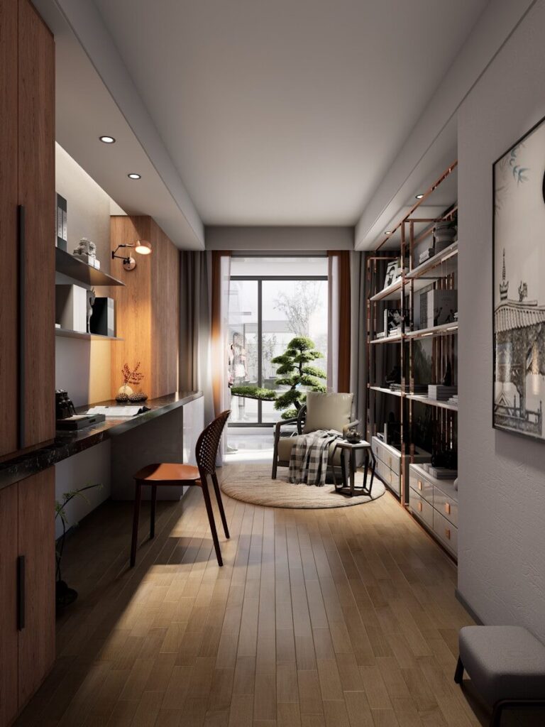 Modern home office with desk and bookshelves