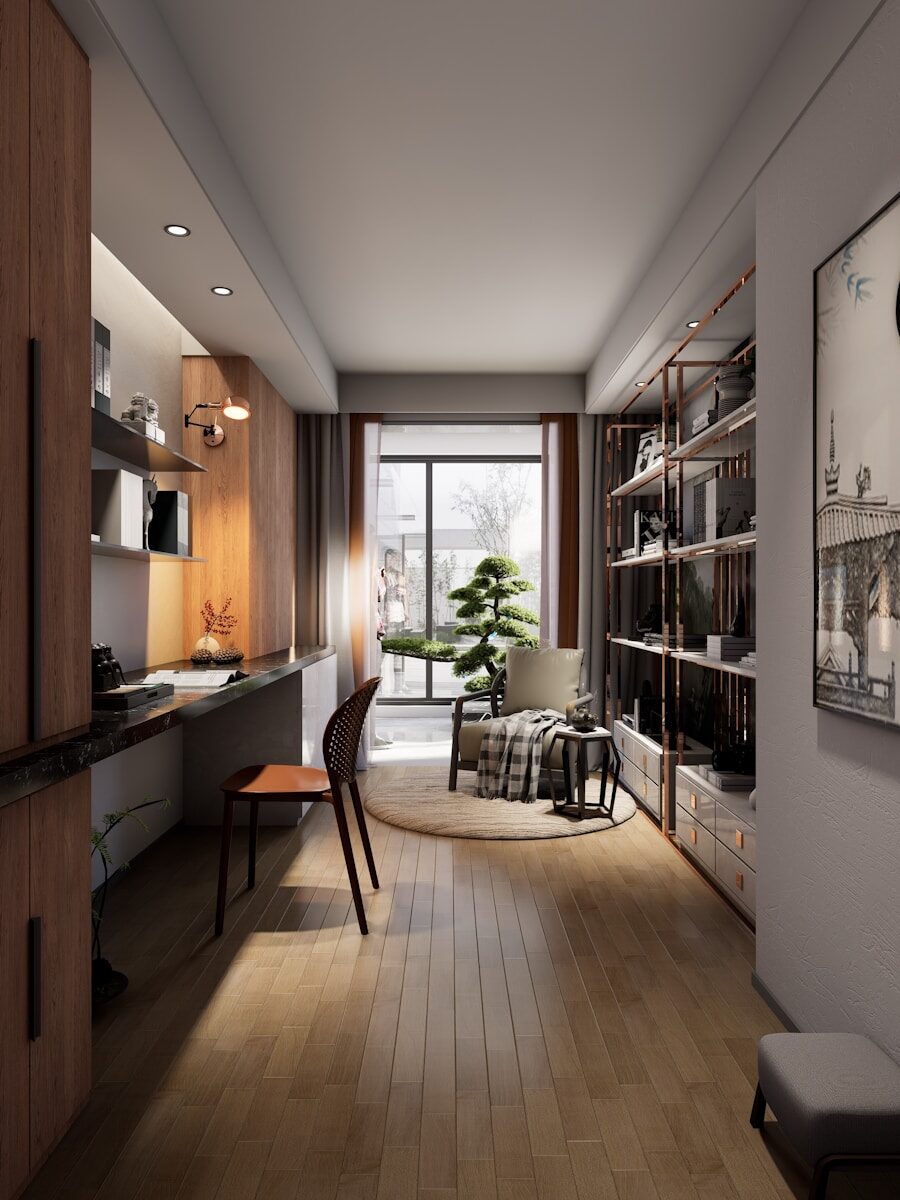 Modern home office with desk and bookshelves