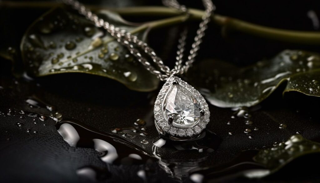 A close up of a necklace on a leaf